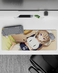 Warm beige and honey tones anime girl mouse pad with soft shadows and calm vibe, 32x12 inches.