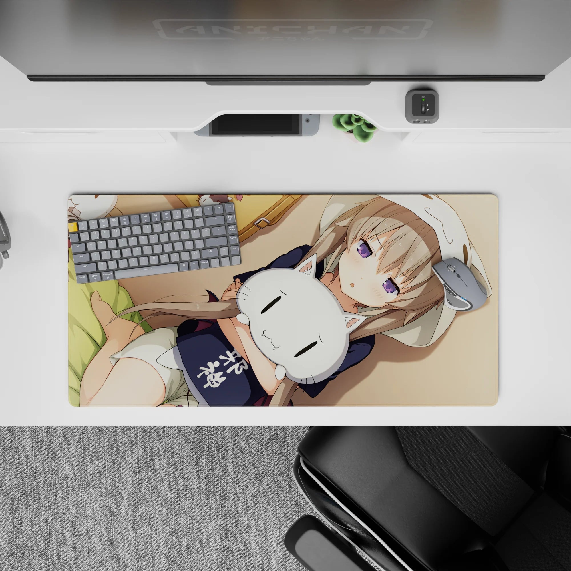 Warm beige and honey tone anime girl mouse pad, 32x16 inches, soft shadows and calm comfort vibe.