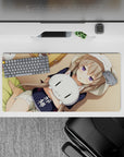 Warm beige and honey tone anime girl mouse pad, 32x16 inches, soft shadows and calm comfort vibe.