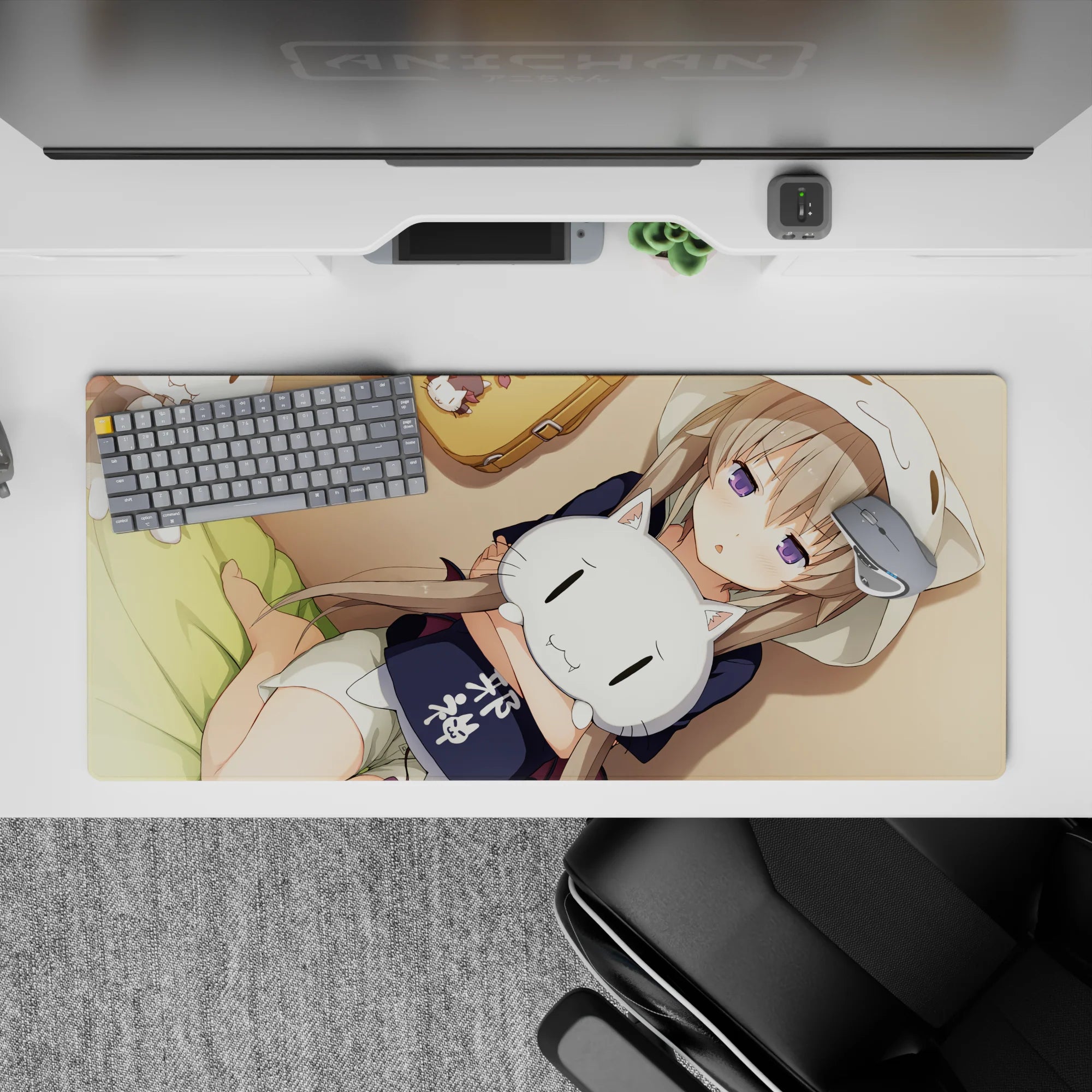 36x16 inches anime desk pad in warm beige and honey tones, soft shadows, calming comfort vibe.