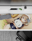 36x16 inches anime desk pad in warm beige and honey tones, soft shadows, calming comfort vibe.
