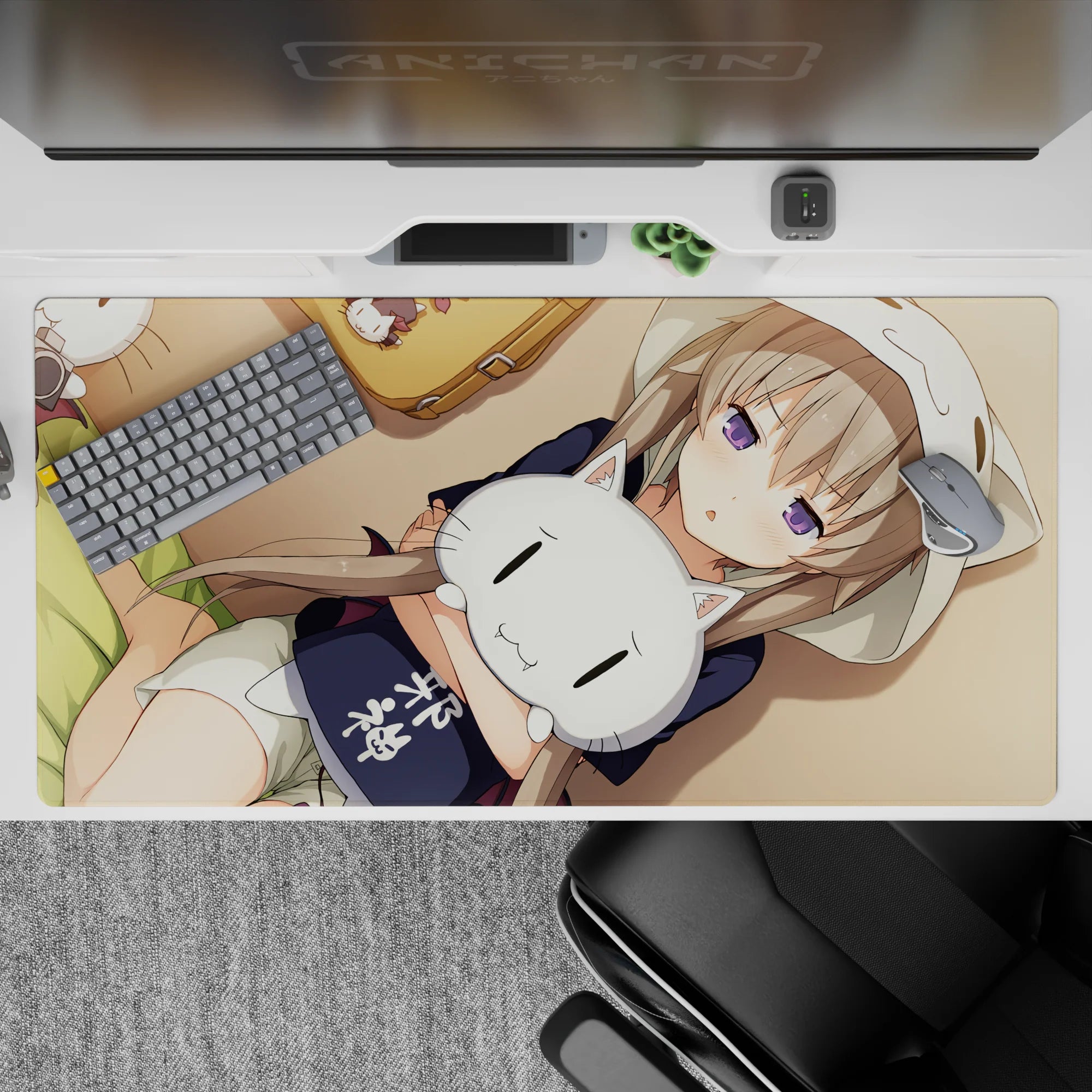 Warm beige and honey anime desk pad 40x20 inches with soft shadows, calming comfy vibe.