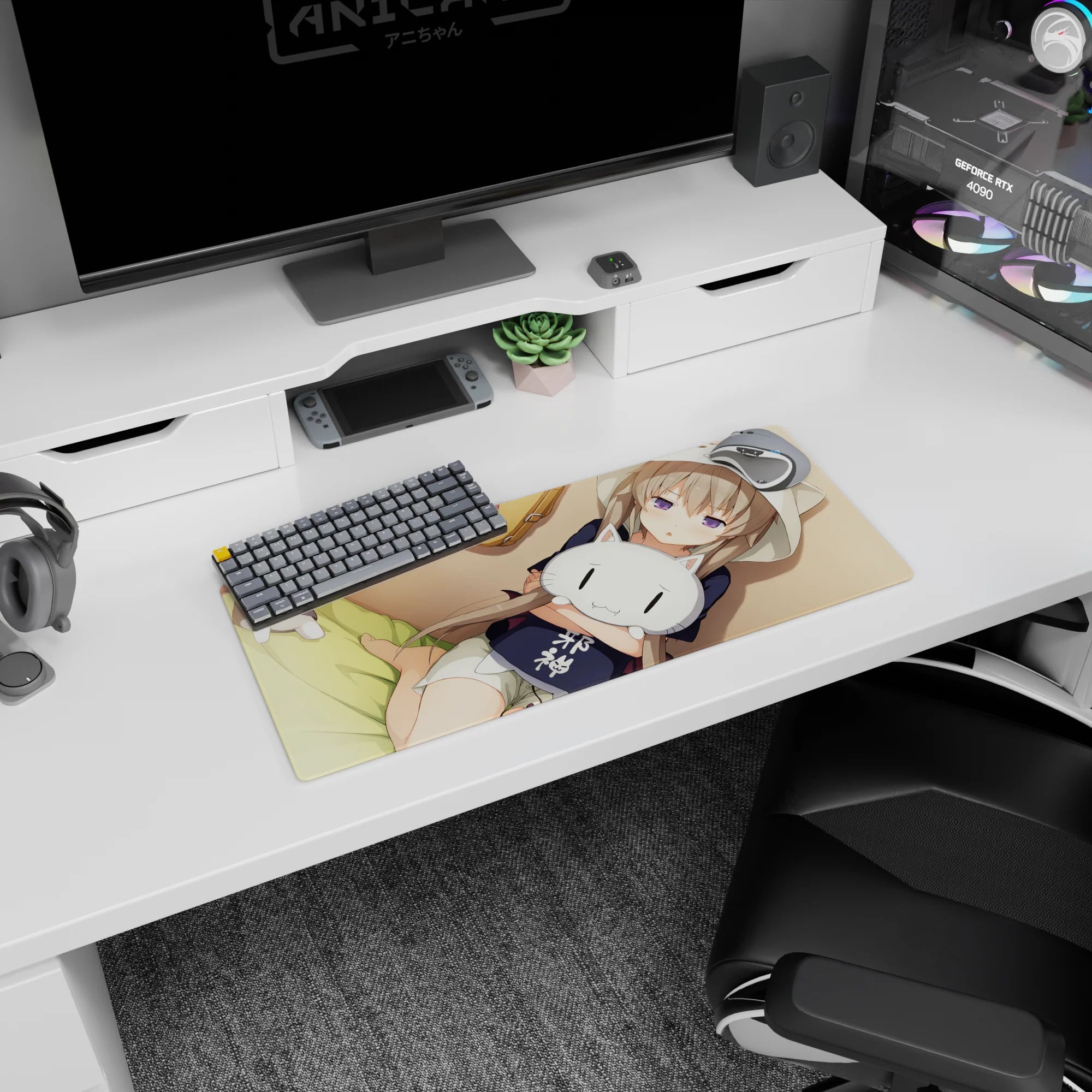 28x12 inches anime mouse pad showing lavender-eyed girl cuddling a white cat plush, tiny blush.
