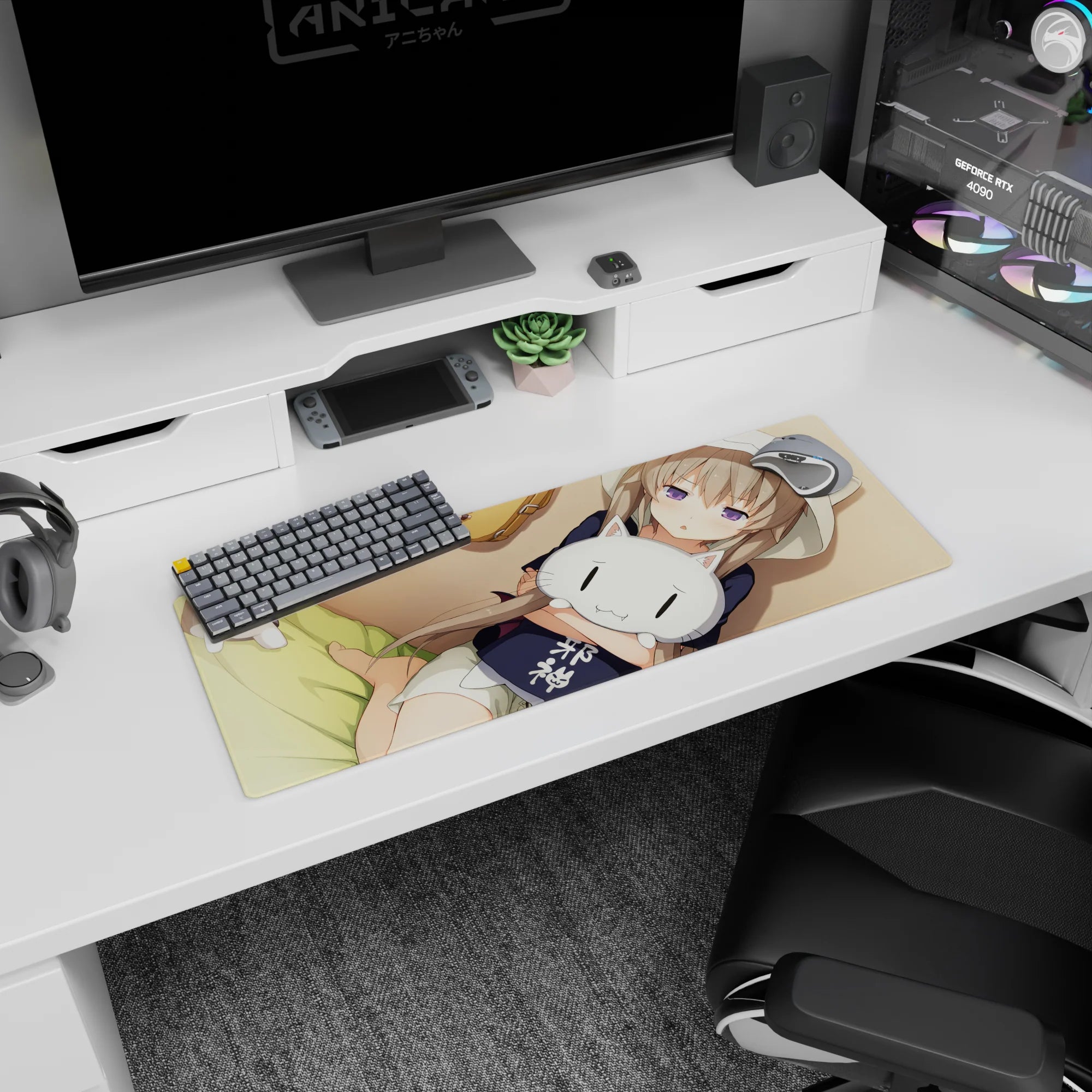 Lavender-eyed anime girl in a hoodie cuddling a sleepy white cat plush mouse pad, 32x12 inches.