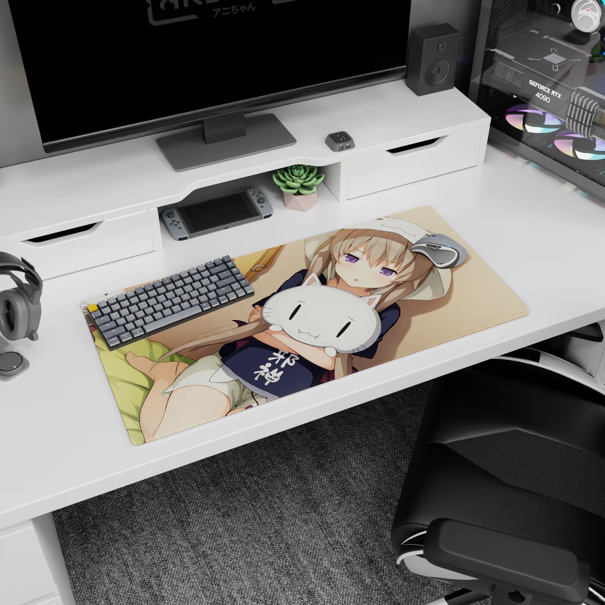 Lavender-eyed anime girl cuddling a white cat plush on a 32x16 inches mouse pad, cute desk decor.
