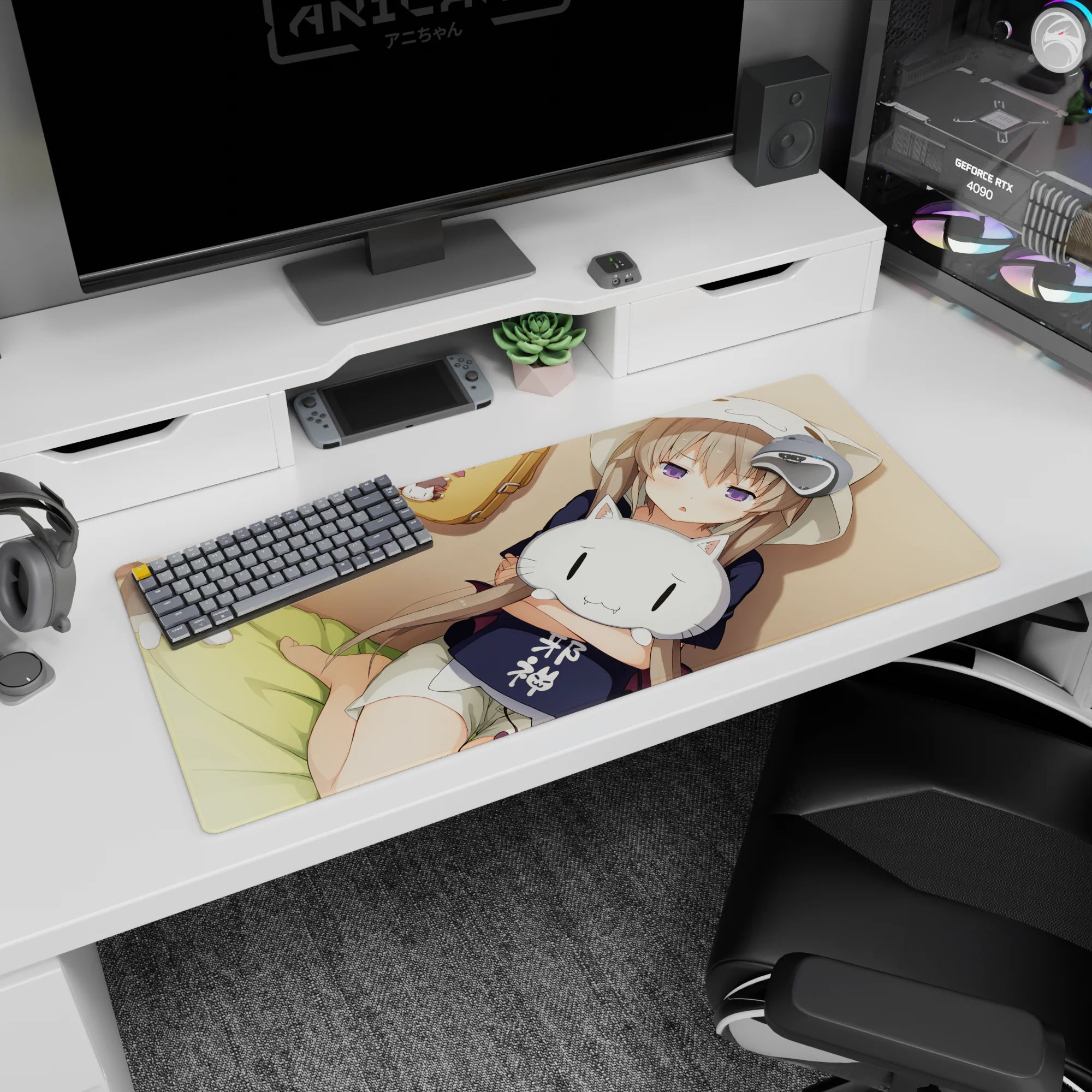 36x16 inches anime girl desk pad showing lavender-eyed girl cuddling a white cat plush, cute blush.