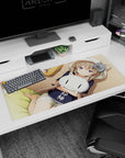 36x16 inches anime girl desk pad showing lavender-eyed girl cuddling a white cat plush, cute blush.