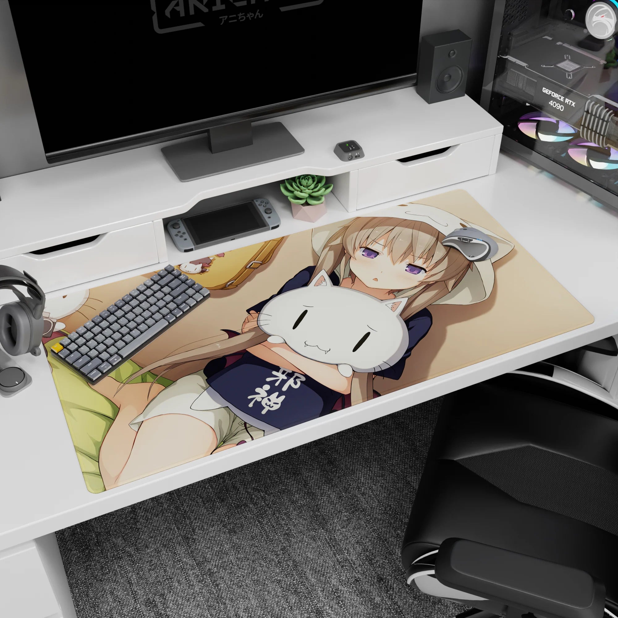 Lavender-eyed anime girl cuddling a white cat plush desk pad 40x20 inches, cute hoodie scene.