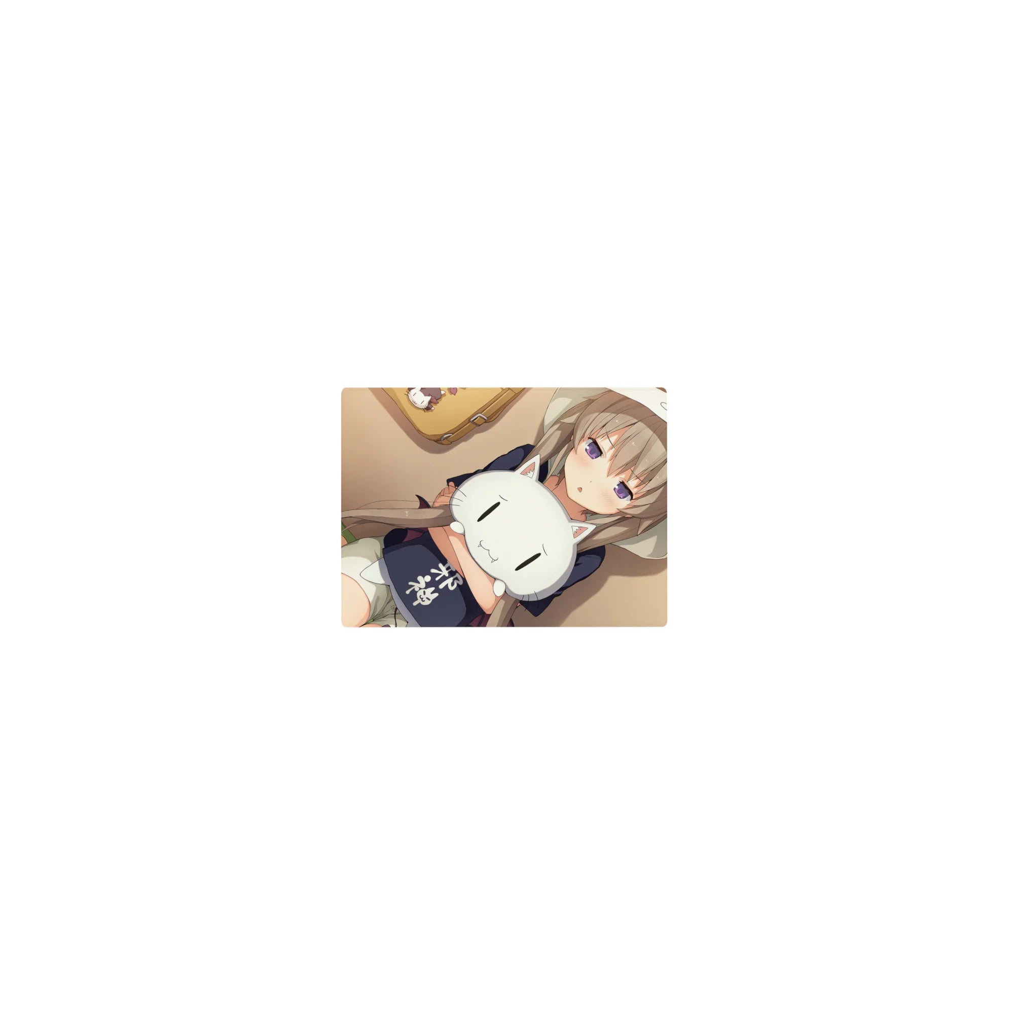 Classic anime girl mouse pad 14x10 inches, hugging a sleepy white cat plush in a cute hoodie.