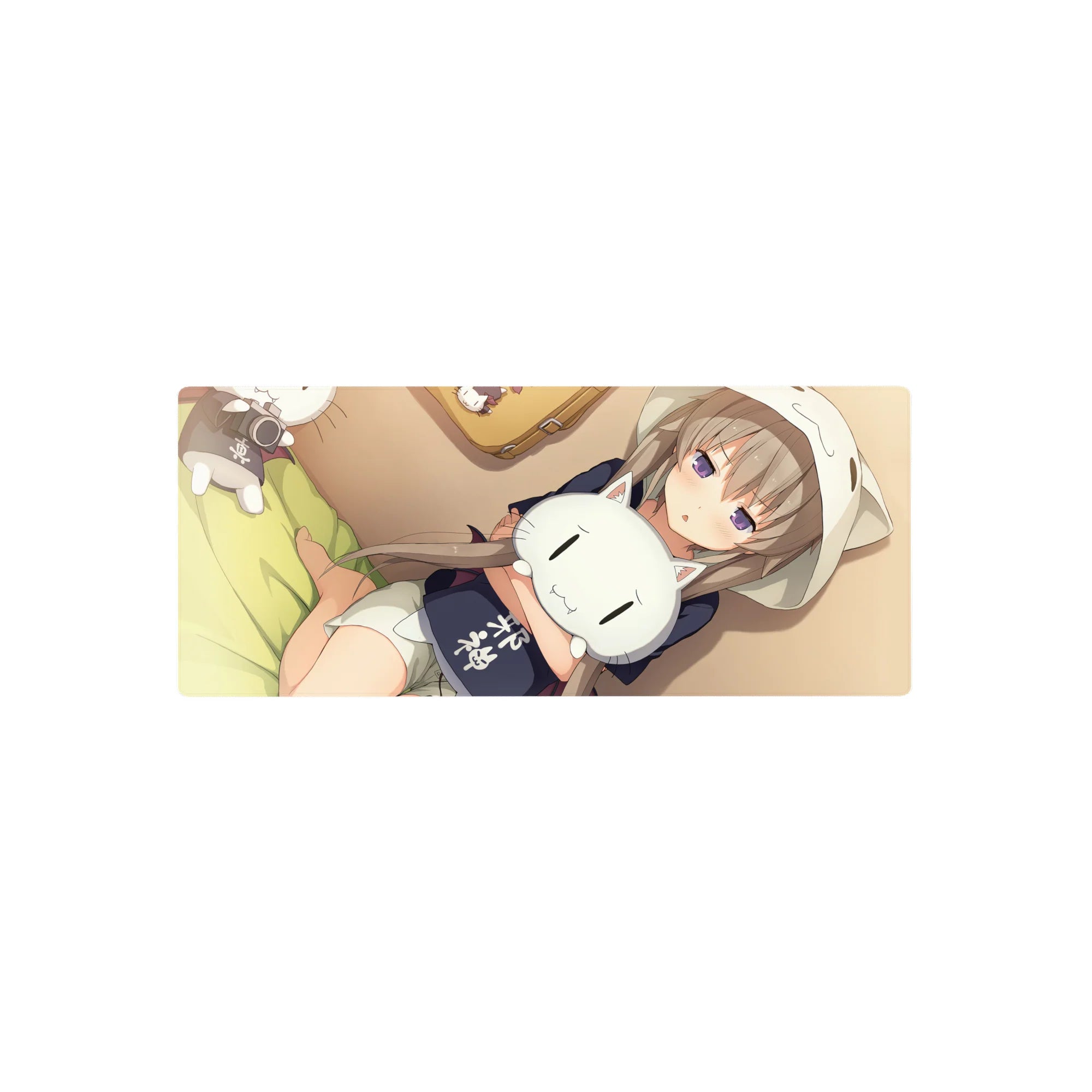 28x12 inches anime girl mouse pad with cozy hoodie girl hugging a sleepy white cat plush.
