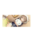 28x12 inches anime girl mouse pad with cozy hoodie girl hugging a sleepy white cat plush.
