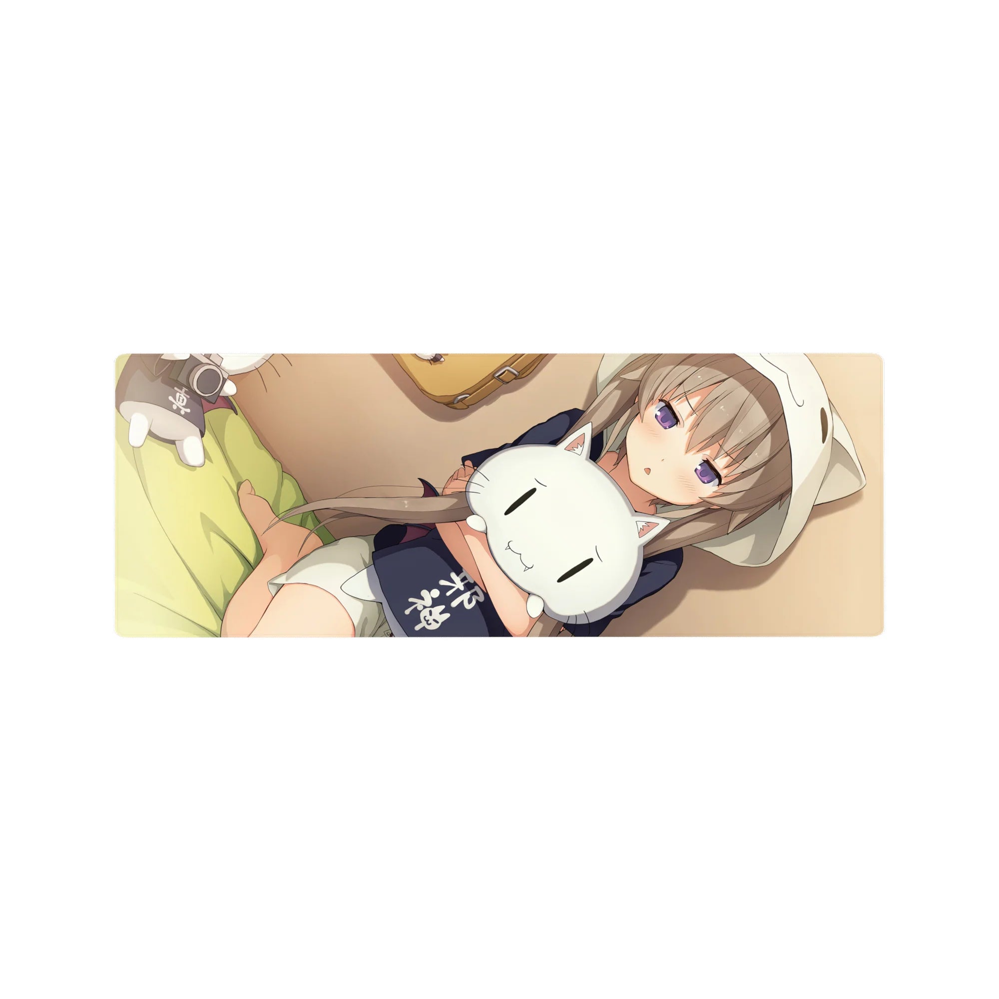 Cozy anime girl hugging white cat plush desk mouse pad, smooth detailed print, 32x12 inches.