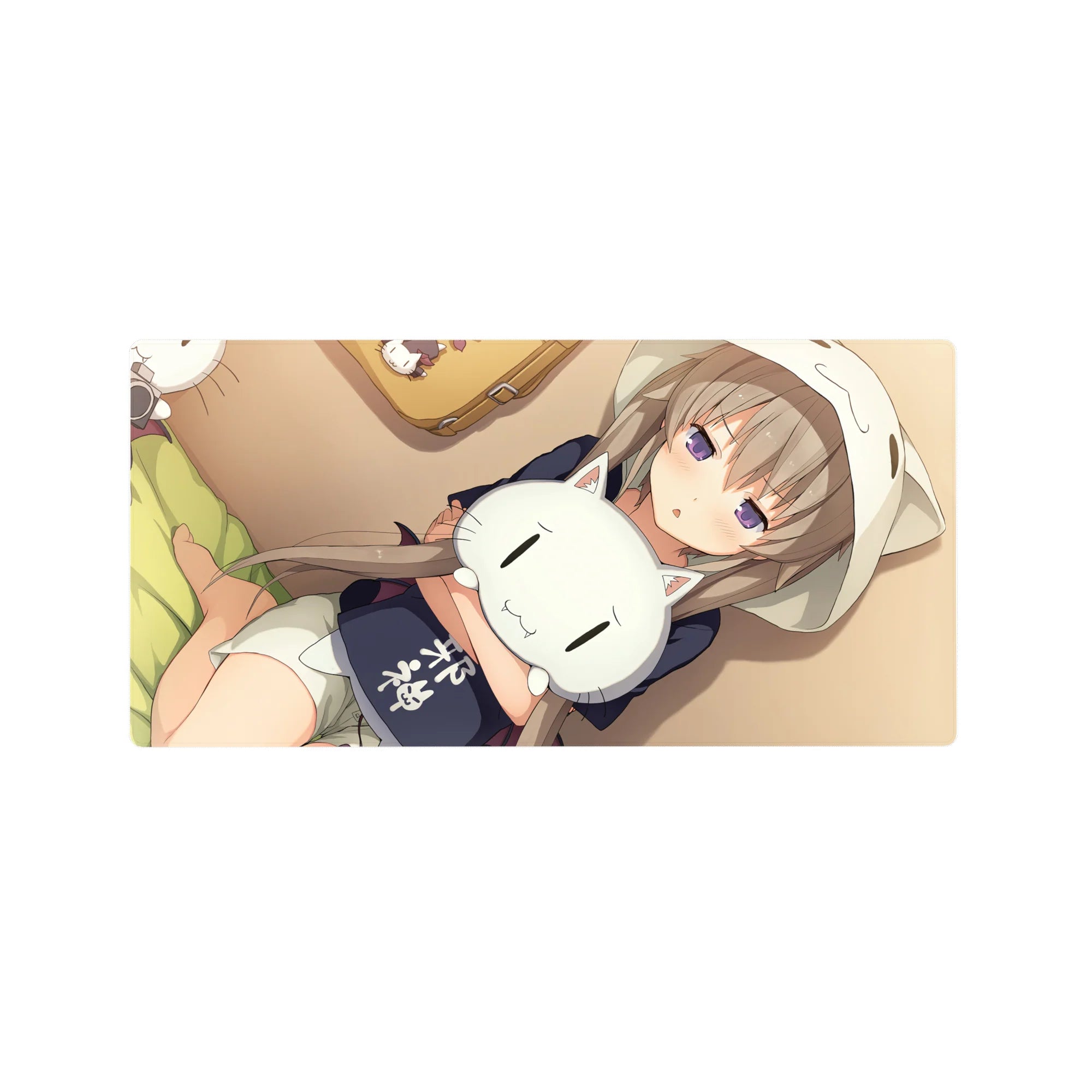 Anime girl hugging sleepy white cat plush desk mouse pad, 32x16 inches, cozy hoodie illustration.