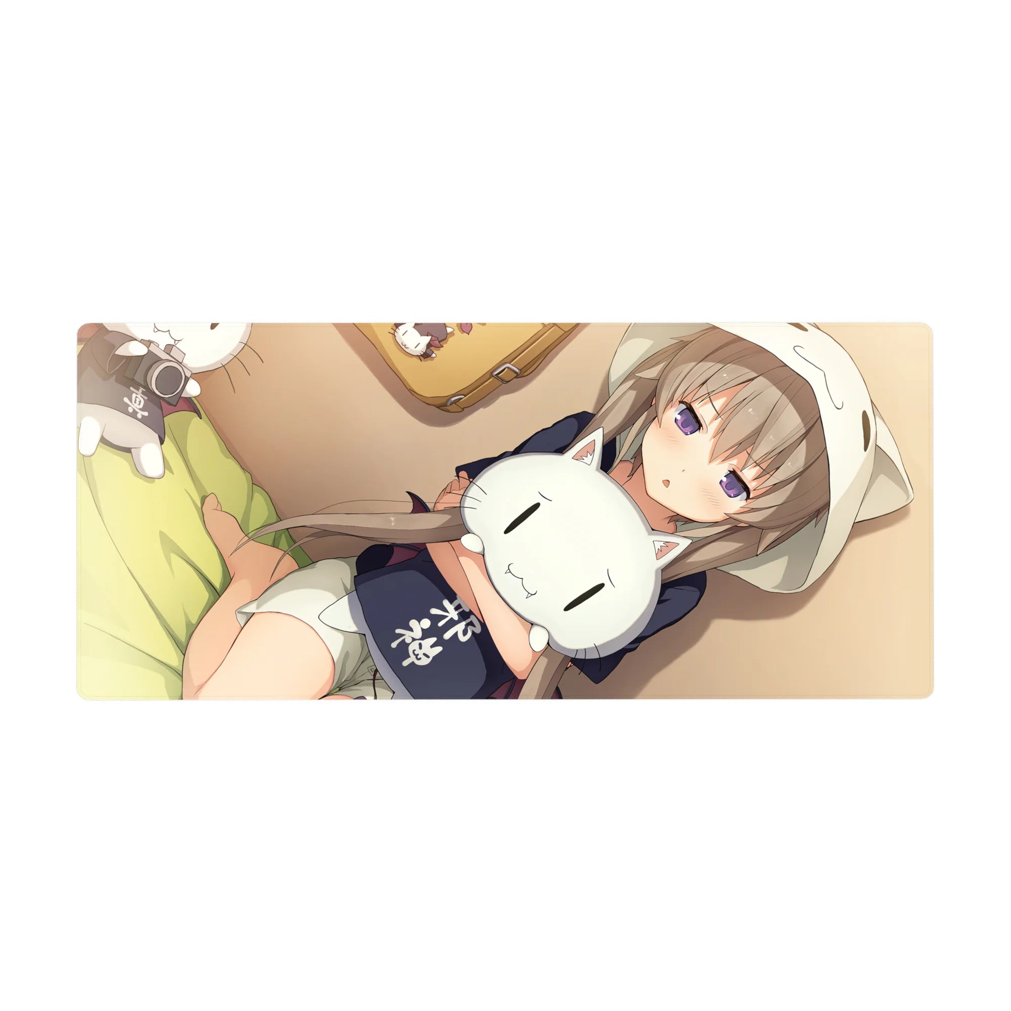 36x16 inches anime girl desk pad with hoodie girl hugging sleepy white cat plush, cozy kawaii art.