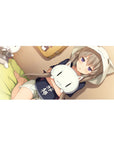 36x16 inches anime girl desk pad with hoodie girl hugging sleepy white cat plush, cozy kawaii art.