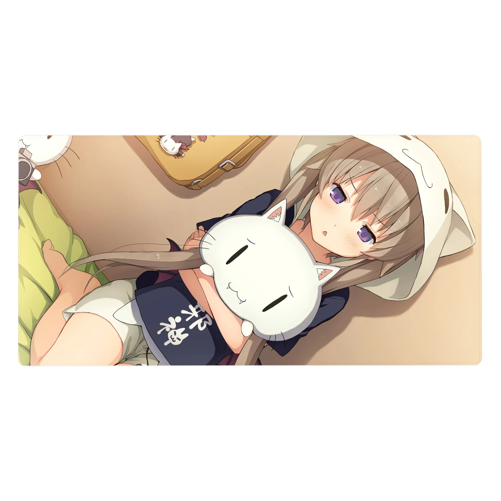 Anime girl desk pad 40x20 inches with cozy hoodie girl hugging a sleepy white cat plush.