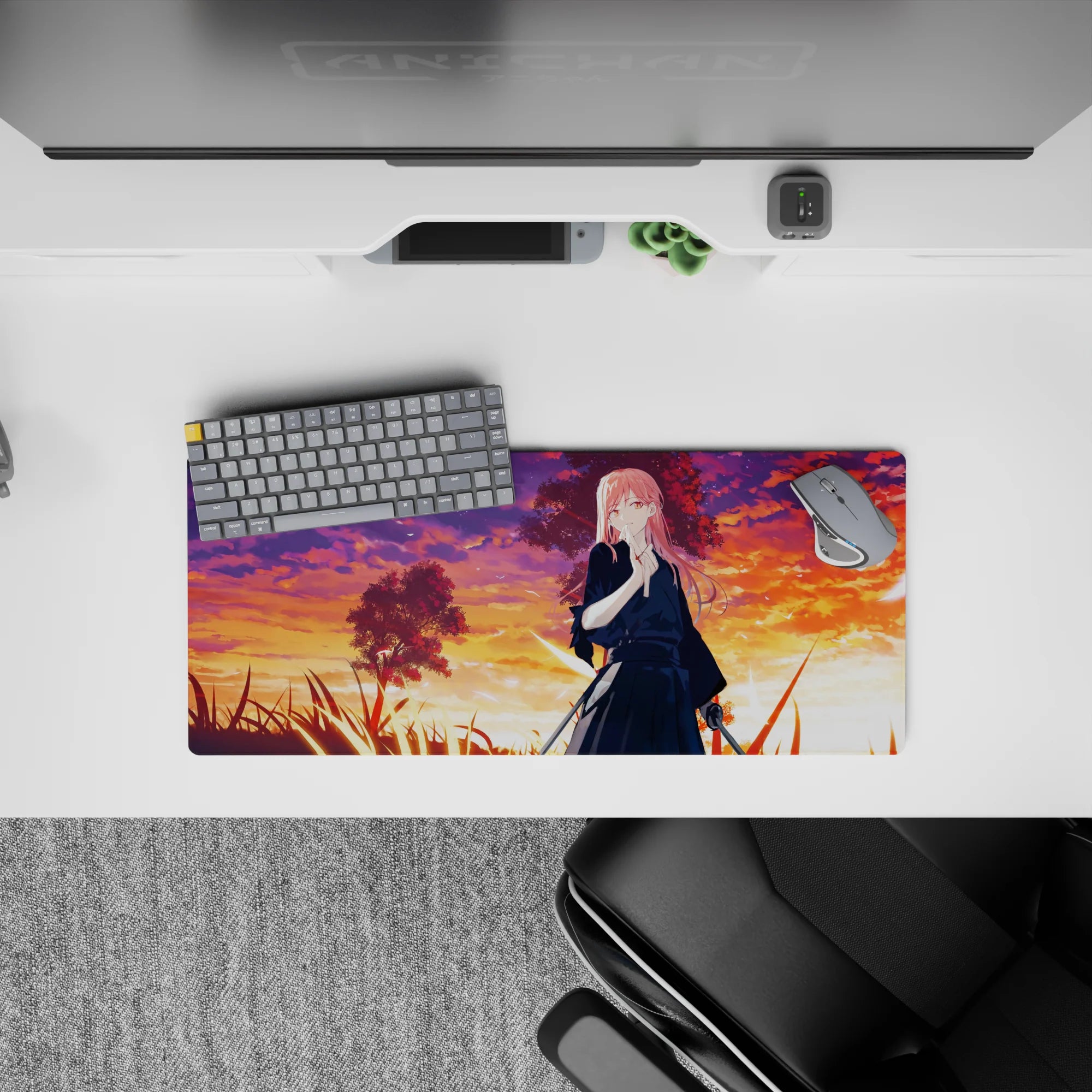 28x12 inches anime desk mat in orange, magenta, and violet sunset clouds with a dreamy end-of-day vibe.