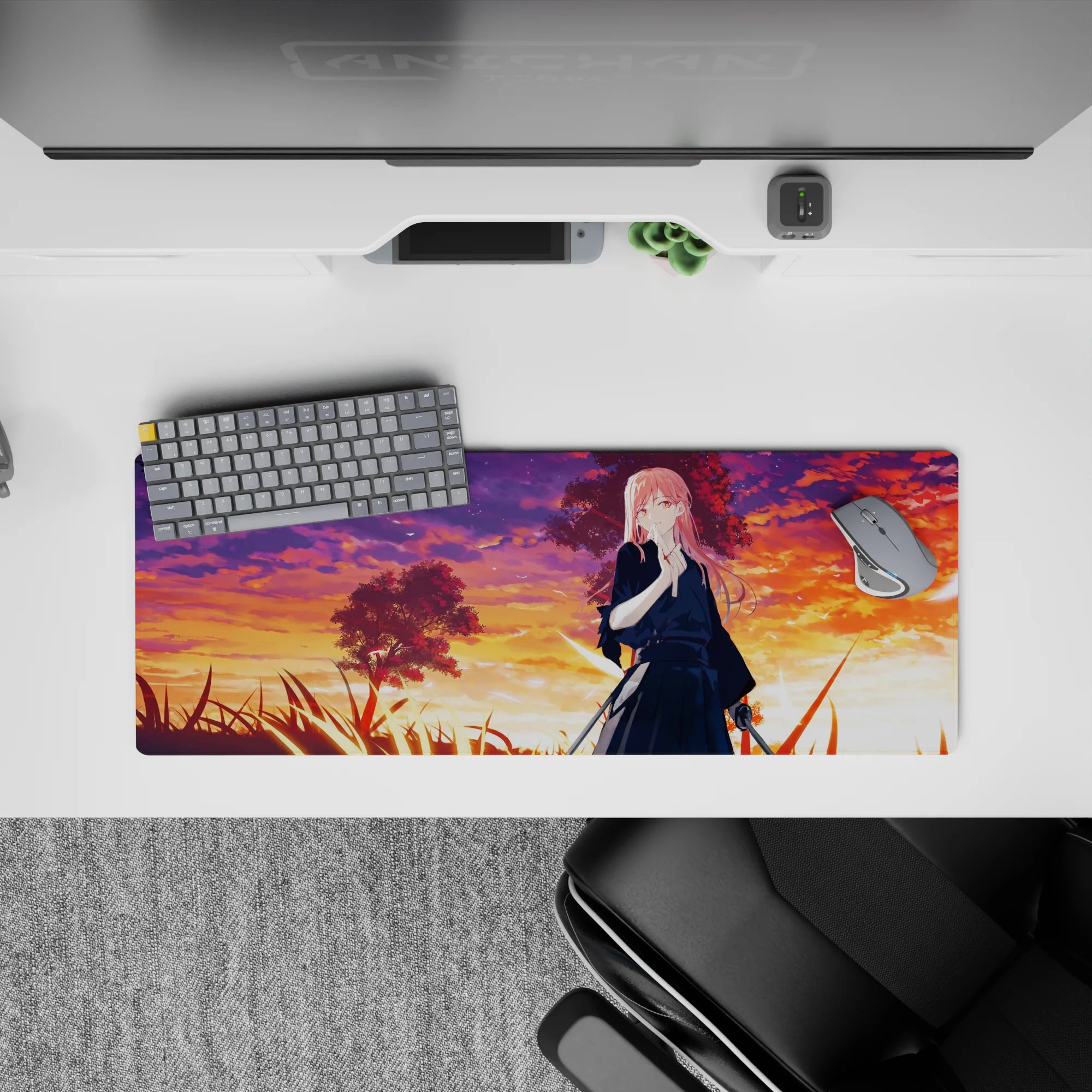 32x12 inches anime girl mouse pad in dreamy orange-magenta-violet sunset gradients, calm end-of-day mood.