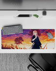 32x12 inches anime girl mouse pad in dreamy orange-magenta-violet sunset gradients, calm end-of-day mood.