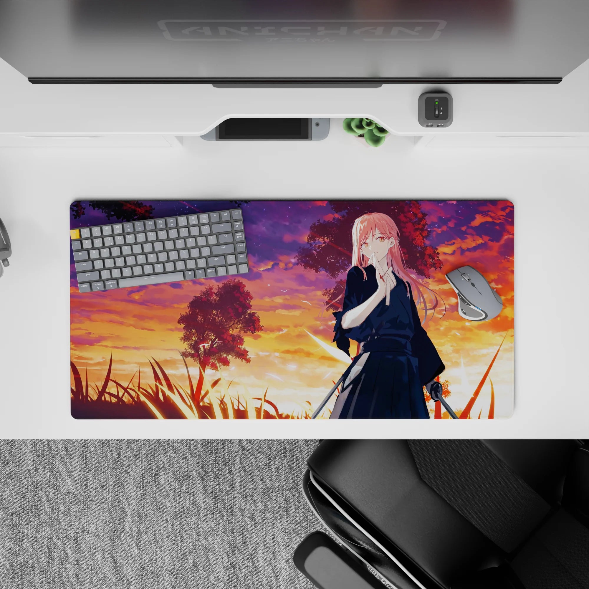 32x16 inches anime girl mouse pad in orange, magenta, violet sunset gradients for a calm end-of-day mood.