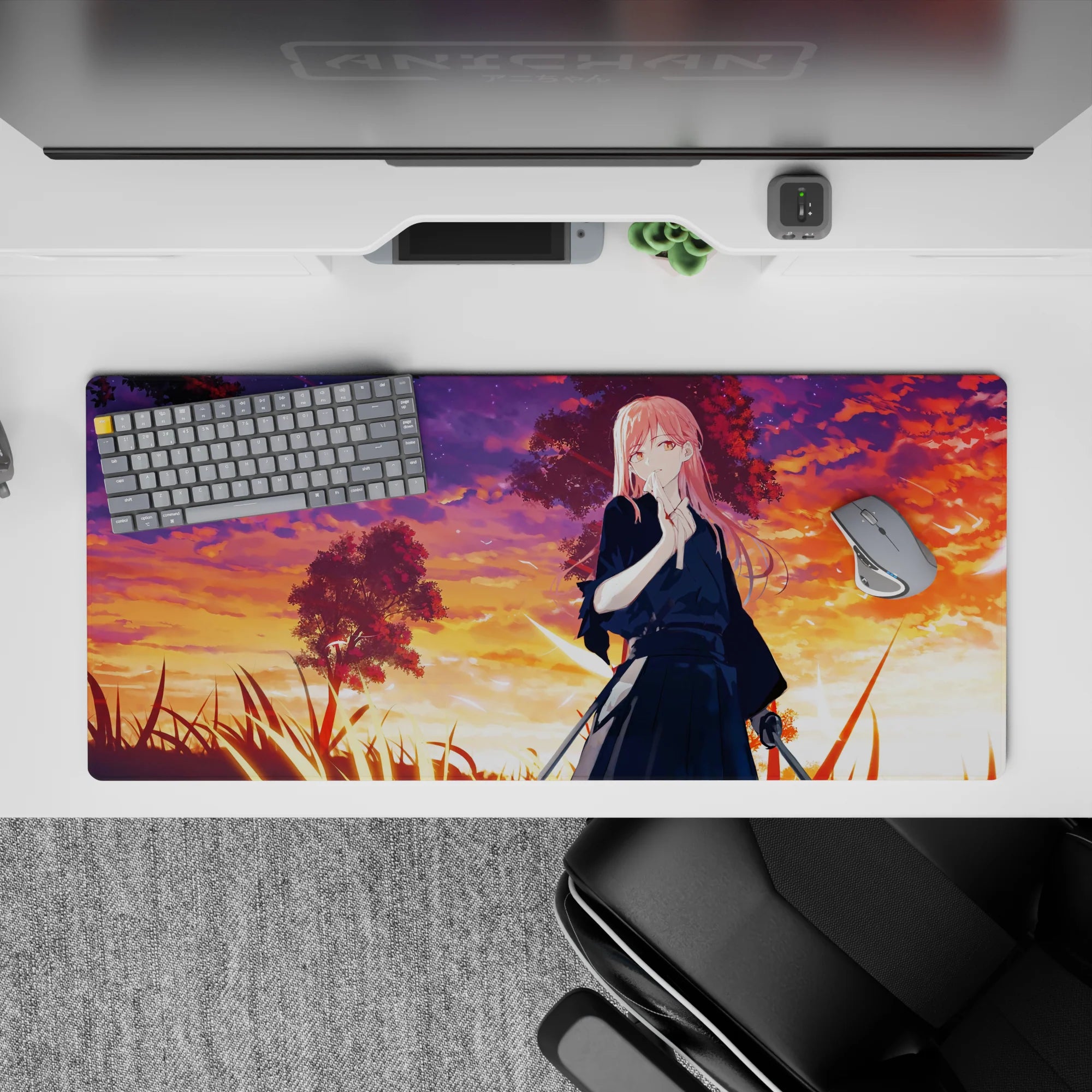 36x16 inches anime desk pad in orange, magenta, and violet sunset gradients with a calm evening mood.