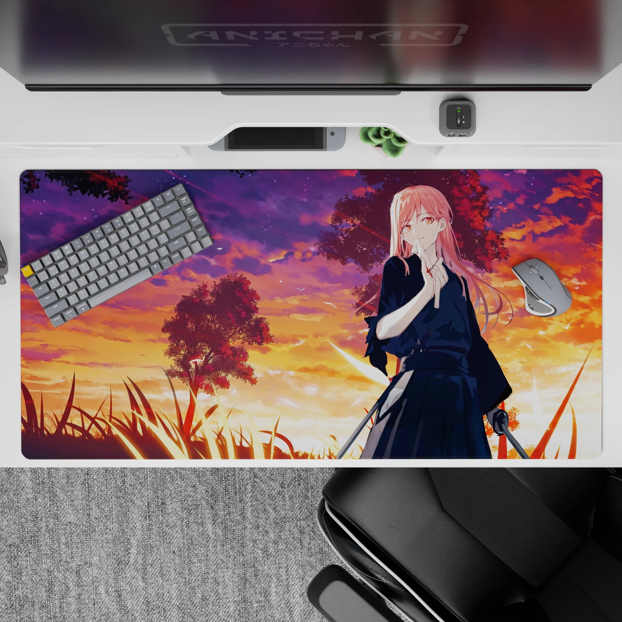 40x20 inches anime desk pad in orange magenta violet sunset gradients, calm romantic end-of-day mood.