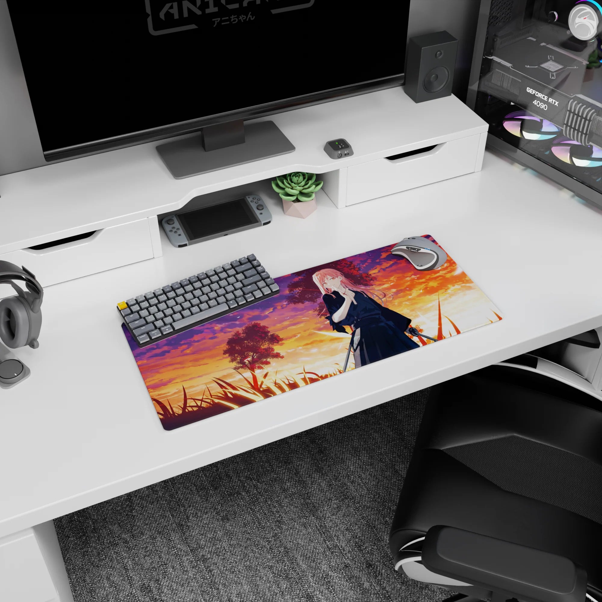 28x12 inches anime mouse pad featuring a pink-haired katana warrior in tall grass under warm sunset skies.