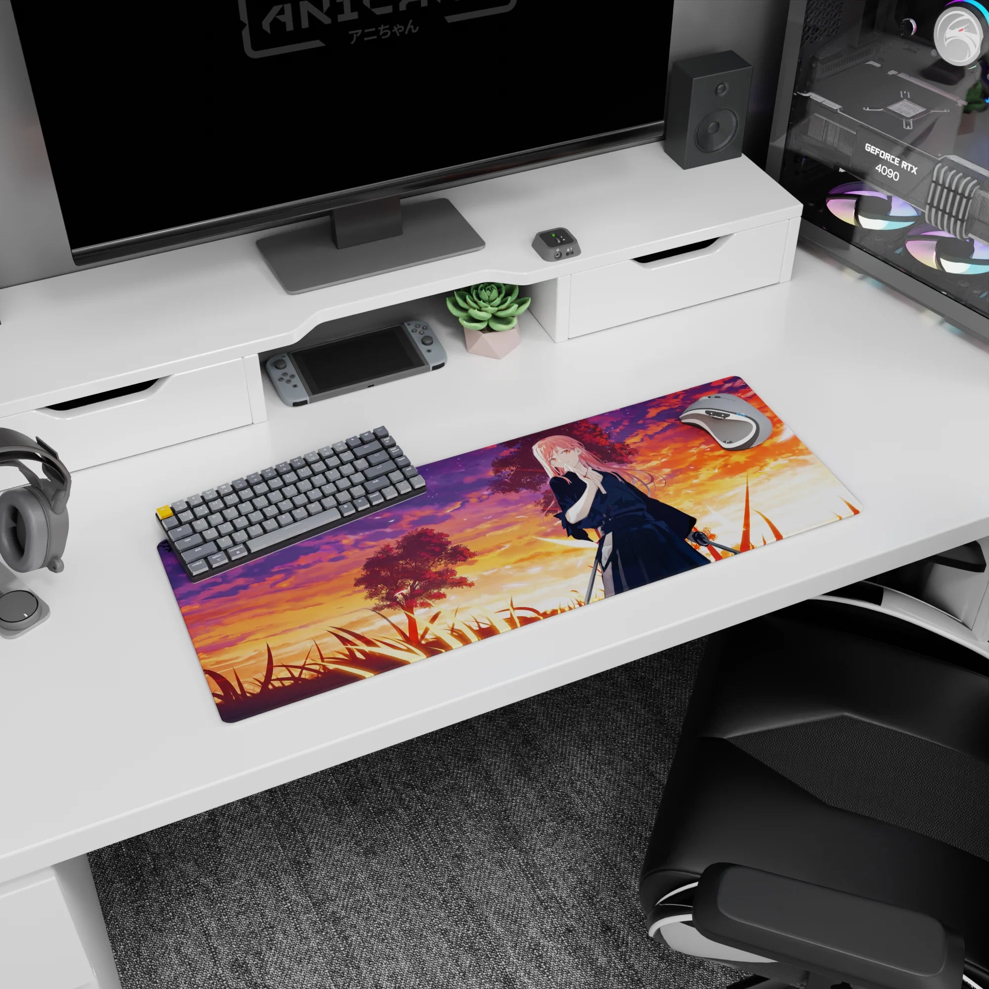32x12 inches anime girl mouse pad featuring a pink-haired swordfighter in tall grass under warm sunset clouds.