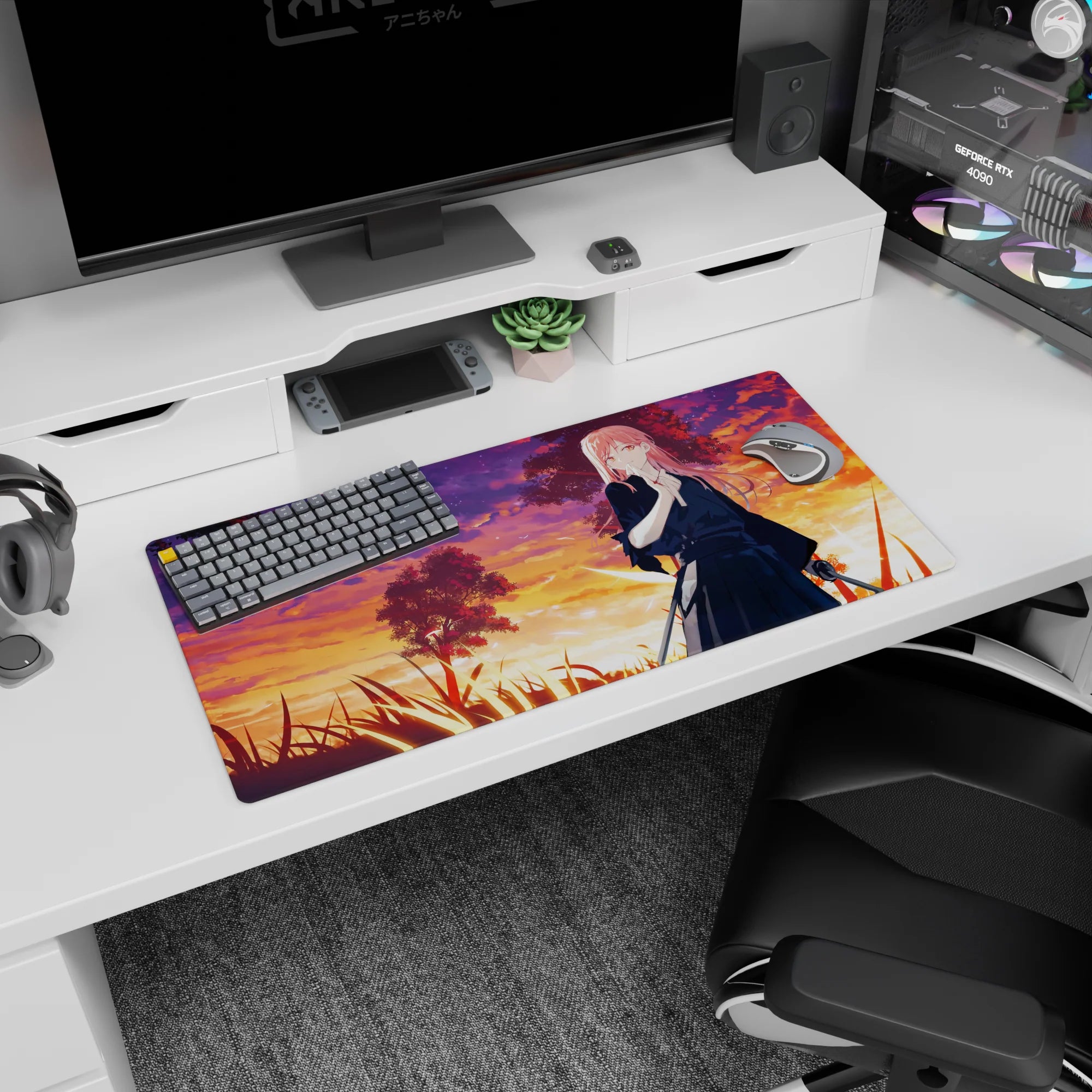 32x16 inches anime girl mouse pad featuring a pink-haired katana warrior against glowing sunset clouds.