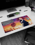 32x16 inches anime girl mouse pad featuring a pink-haired katana warrior against glowing sunset clouds.