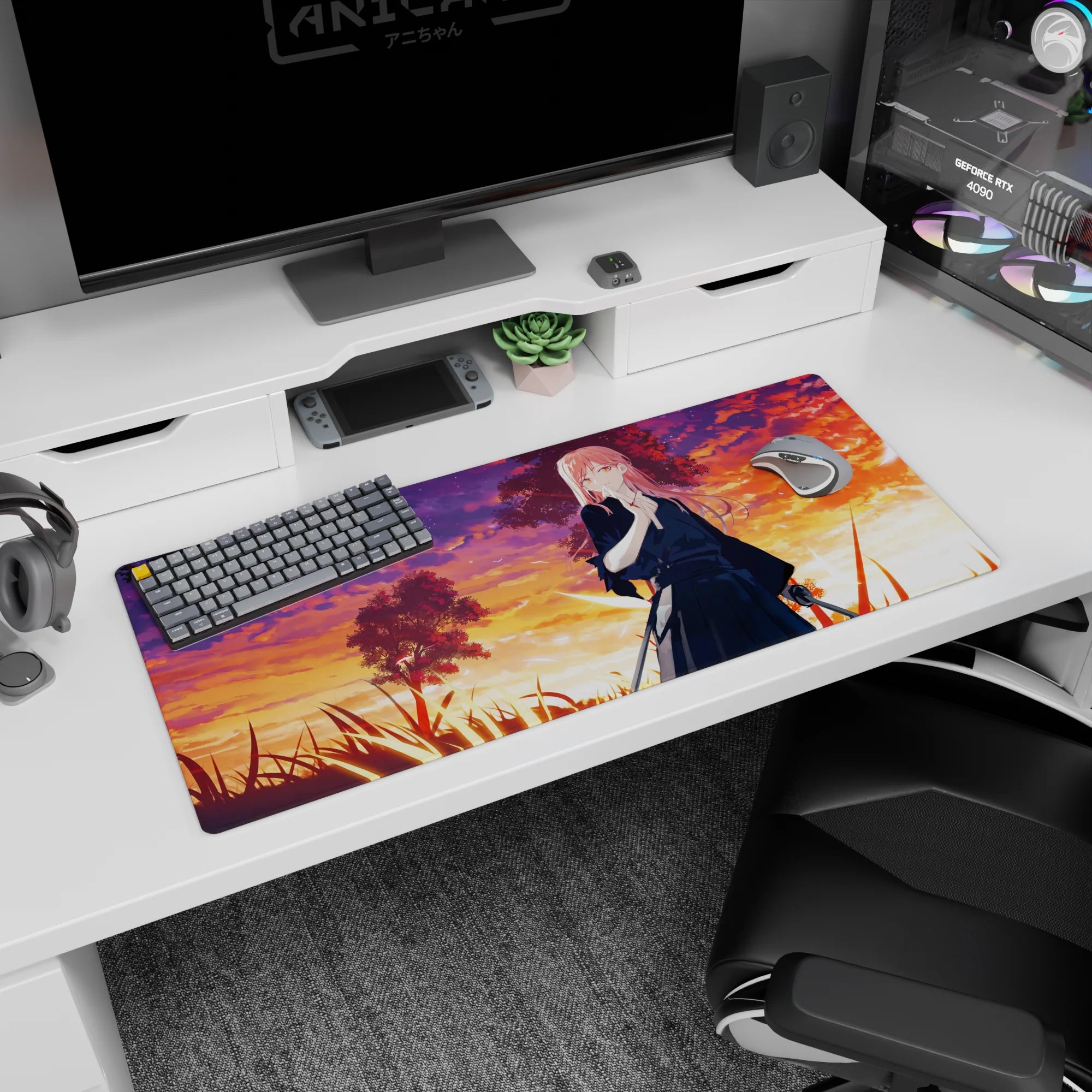 36x16 inches desk pad featuring a pink-haired sword-wielding anime girl framed by sunset clouds and grass.