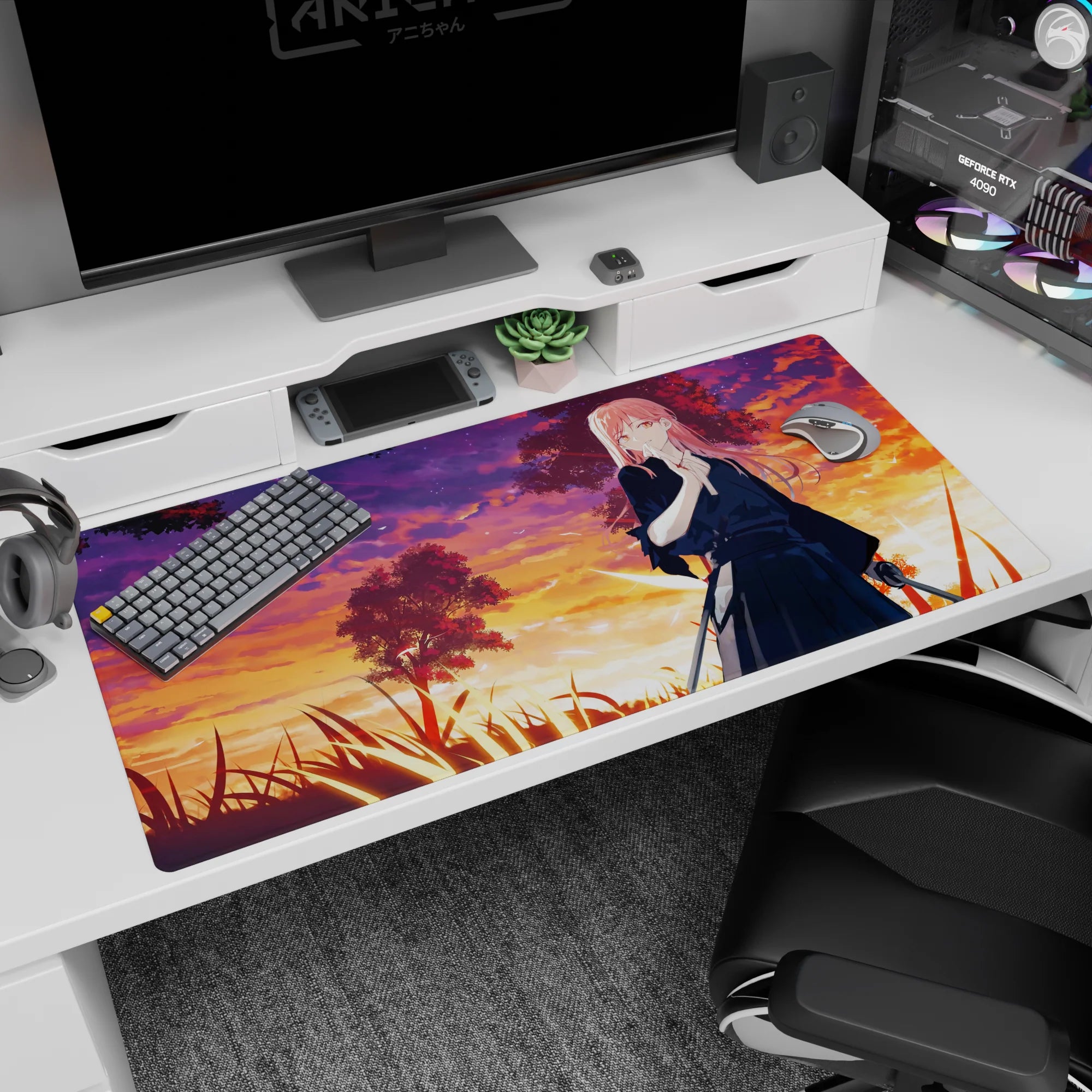 Anime desk pad 40x20 inches showing a pink-haired swordswoman guarding a field under vivid dusk clouds.