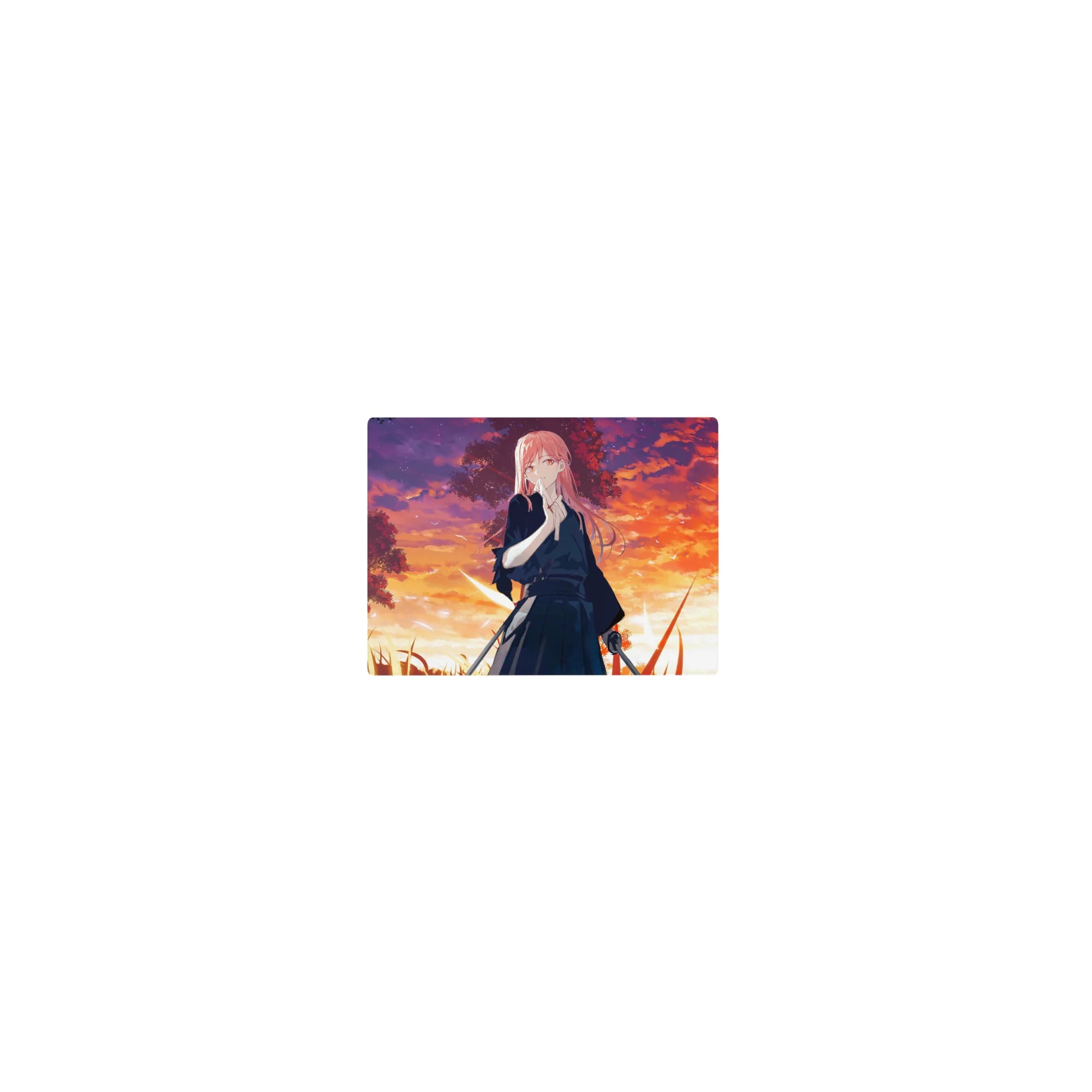 Classic anime girl mouse pad 14x10 inches with pink-haired swordswoman at sunset in a grassy field.