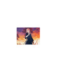 Classic anime girl mouse pad 14x10 inches with pink-haired swordswoman at sunset in a grassy field.