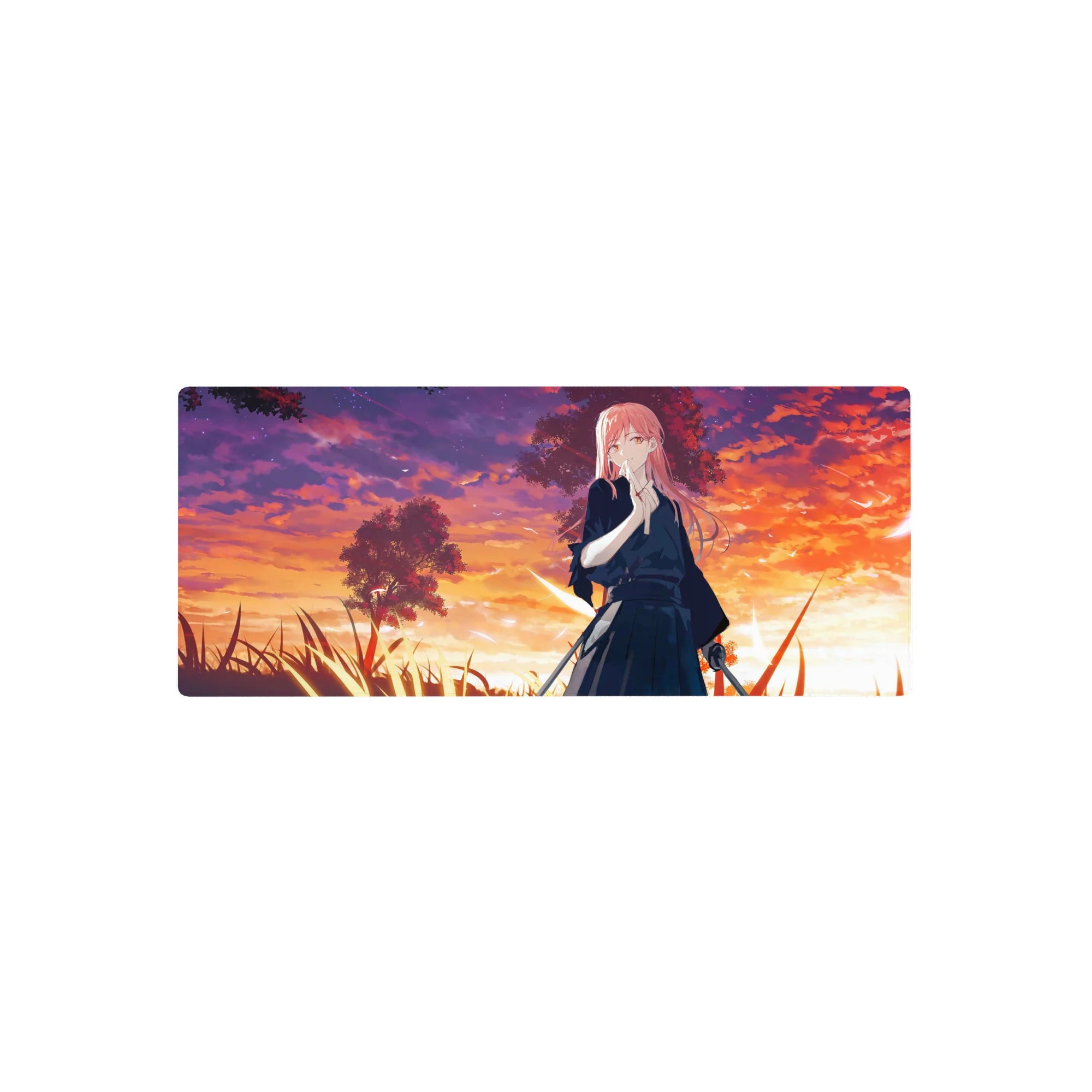 28x12 inches anime girl mouse pad with pink-haired swordswoman at sunset, trees and tall grass silhouettes.