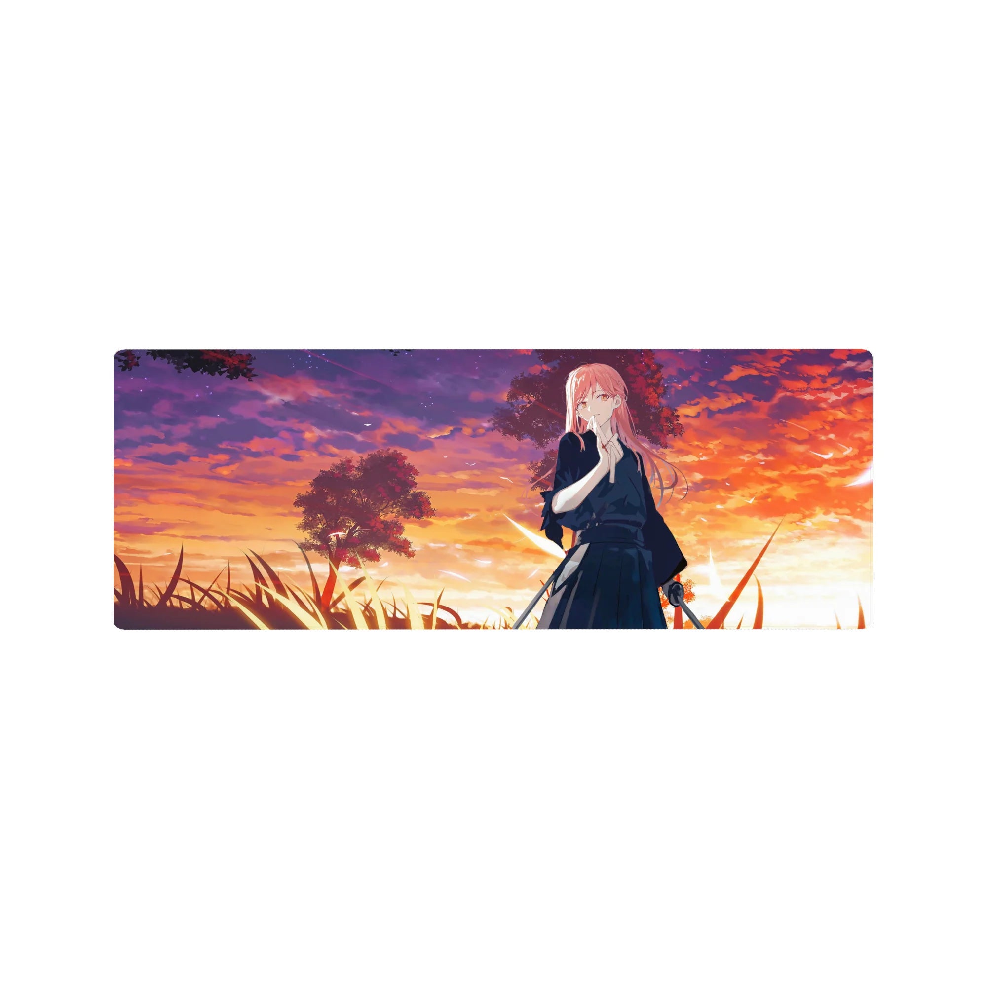 32x12 inches anime girl mouse pad with pink-haired swordswoman at sunset over trees and tall grass.