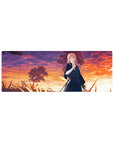 32x12 inches anime girl mouse pad with pink-haired swordswoman at sunset over trees and tall grass.