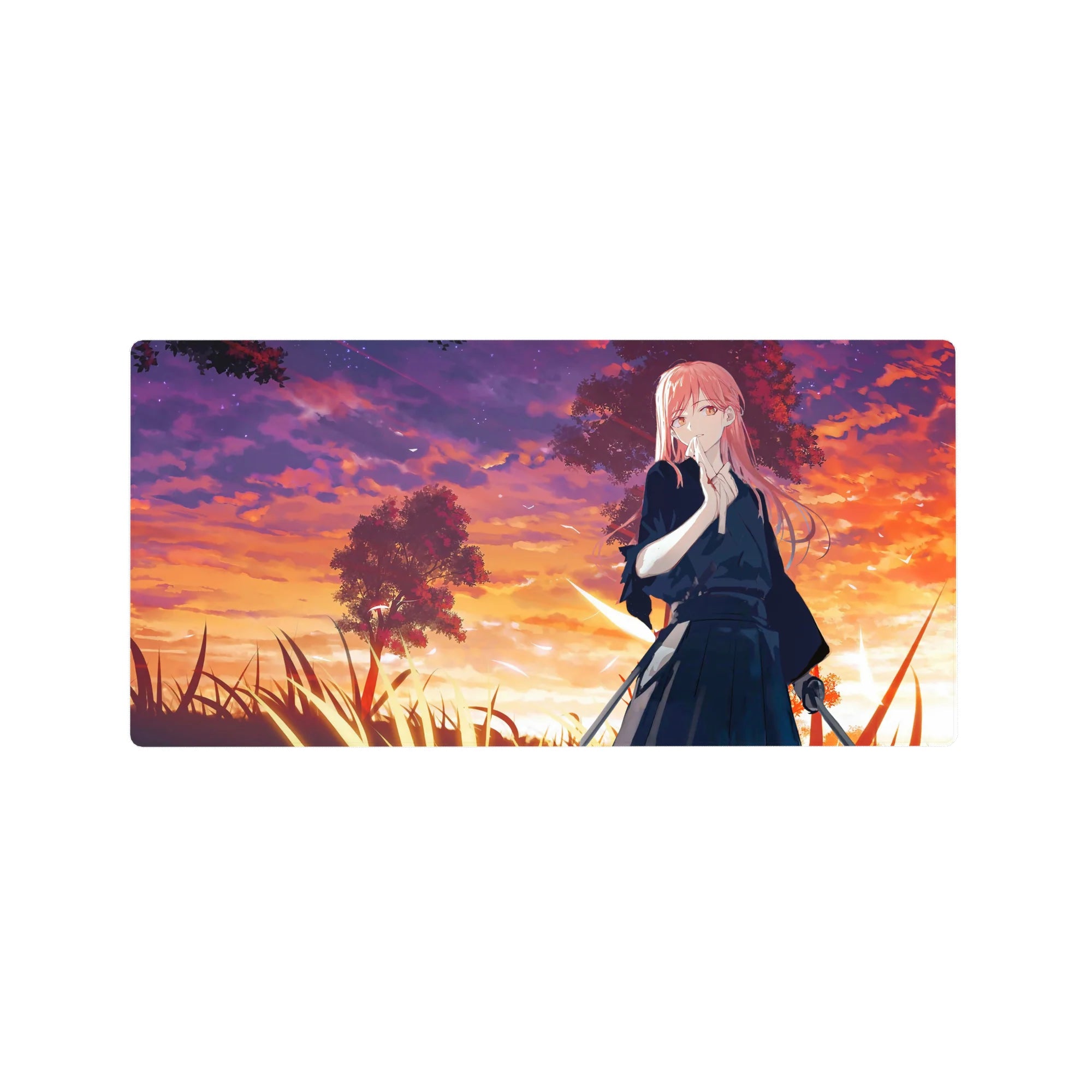 32x16 inches anime girl mouse pad with pink-haired swordswoman at sunset, trees and tall grass silhouettes.