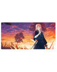 32x16 inches anime girl mouse pad with pink-haired swordswoman at sunset, trees and tall grass silhouettes.