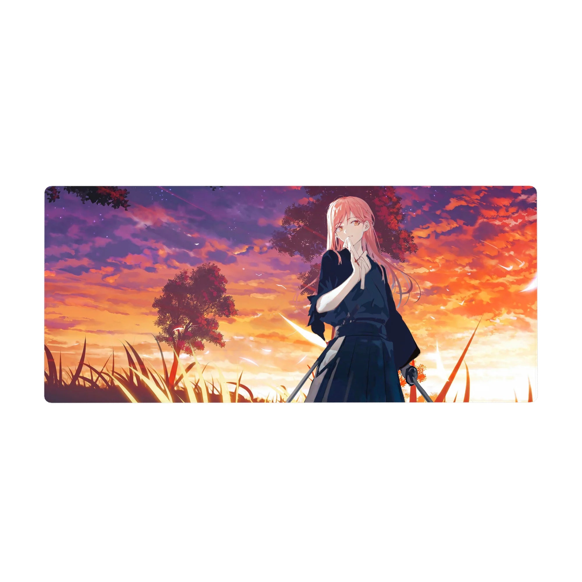 36x16 inches anime girl desk pad with pink-haired swordswoman at sunset, trees and tall grass.
