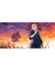 36x16 inches anime girl desk pad with pink-haired swordswoman at sunset, trees and tall grass.
