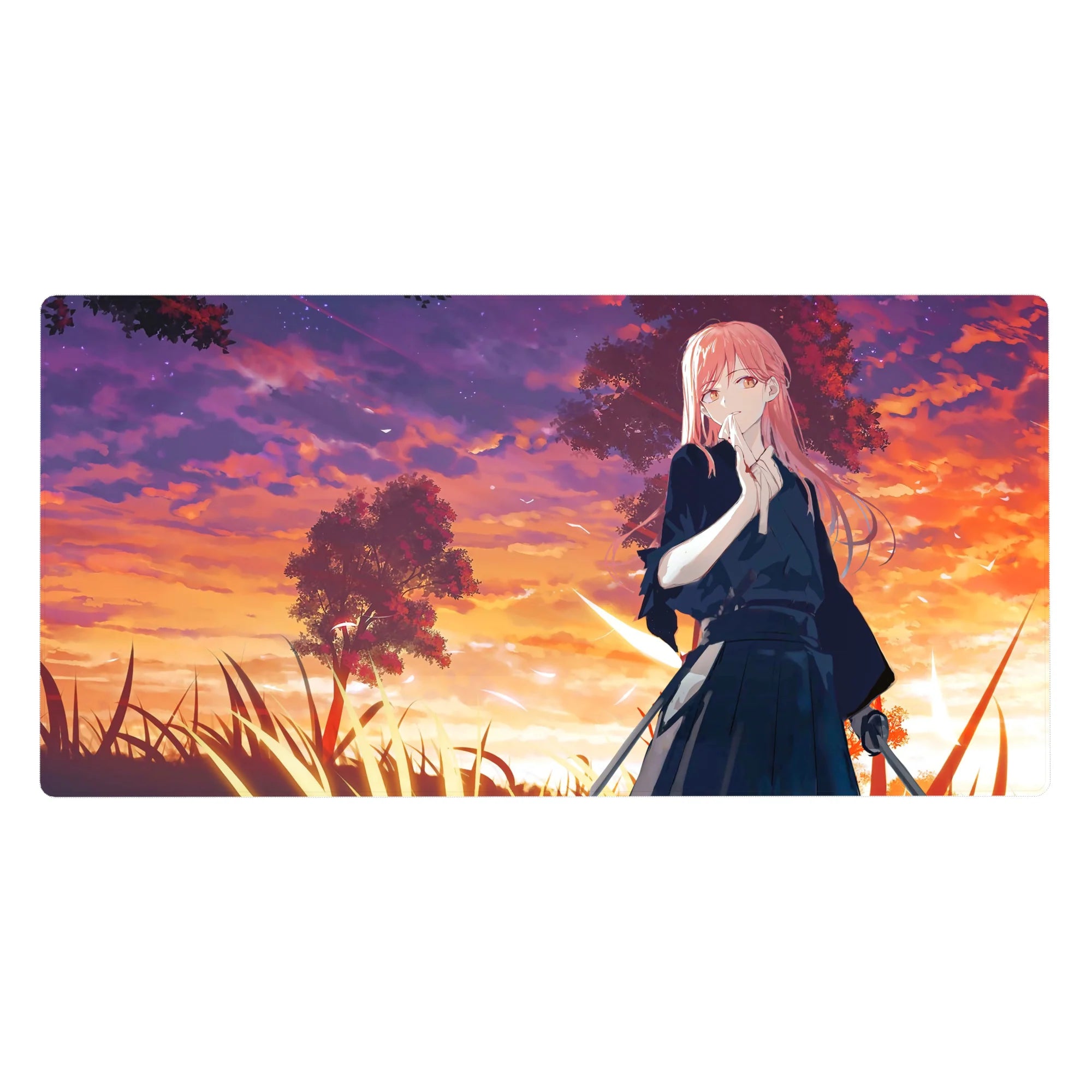 Anime girl desk pad 40x20 inches with pink-haired swordswoman at sunset over grass and trees.