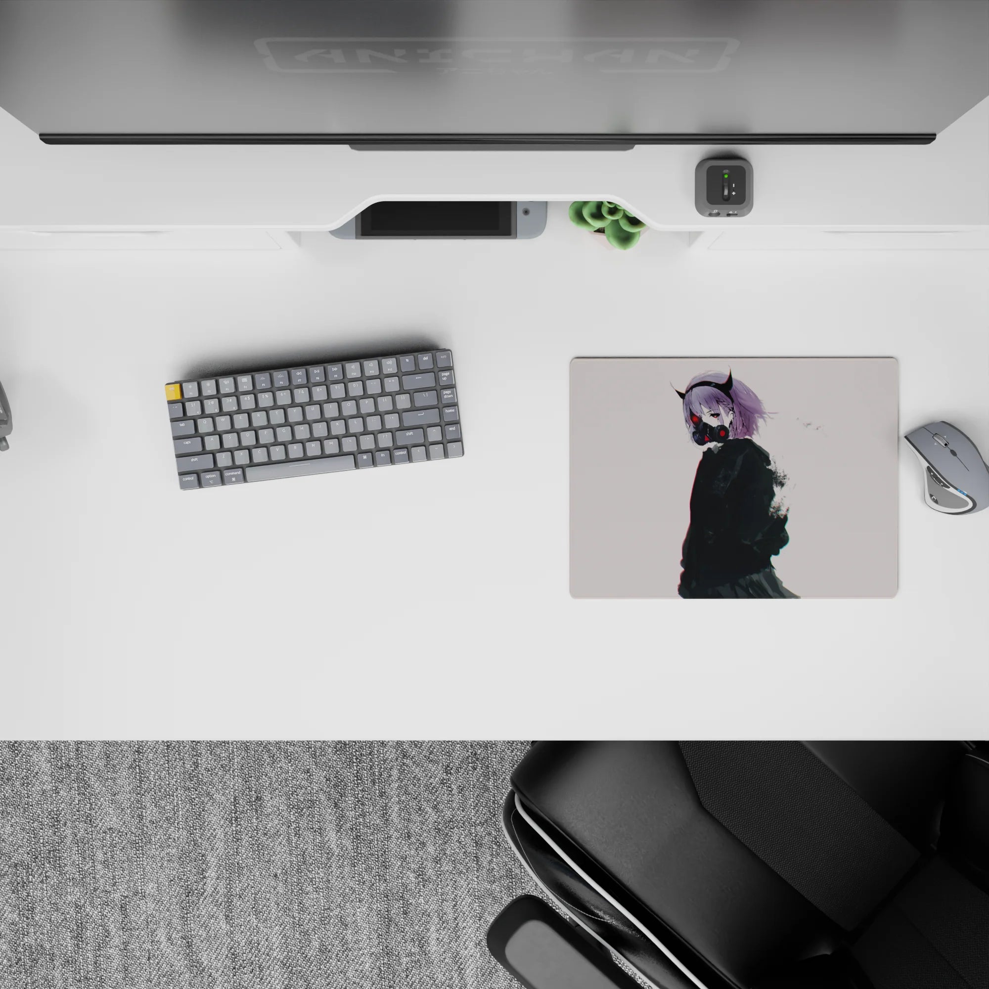 Moody off-white anime mouse pad 14x10 inches in lilac, black ink textures, subtle red glow accents.