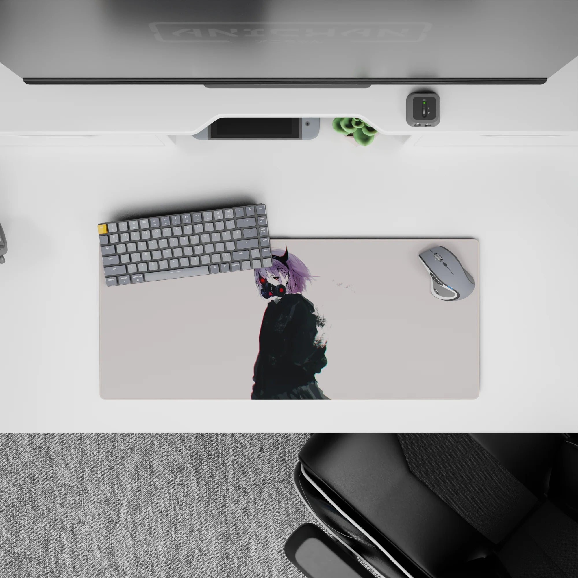 28x12 inches anime mouse pad in soft off-white, inky black jacket, lilac hair, subtle red glow.