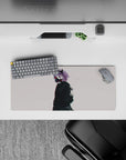 28x12 inches anime mouse pad in soft off-white, inky black jacket, lilac hair, subtle red glow.