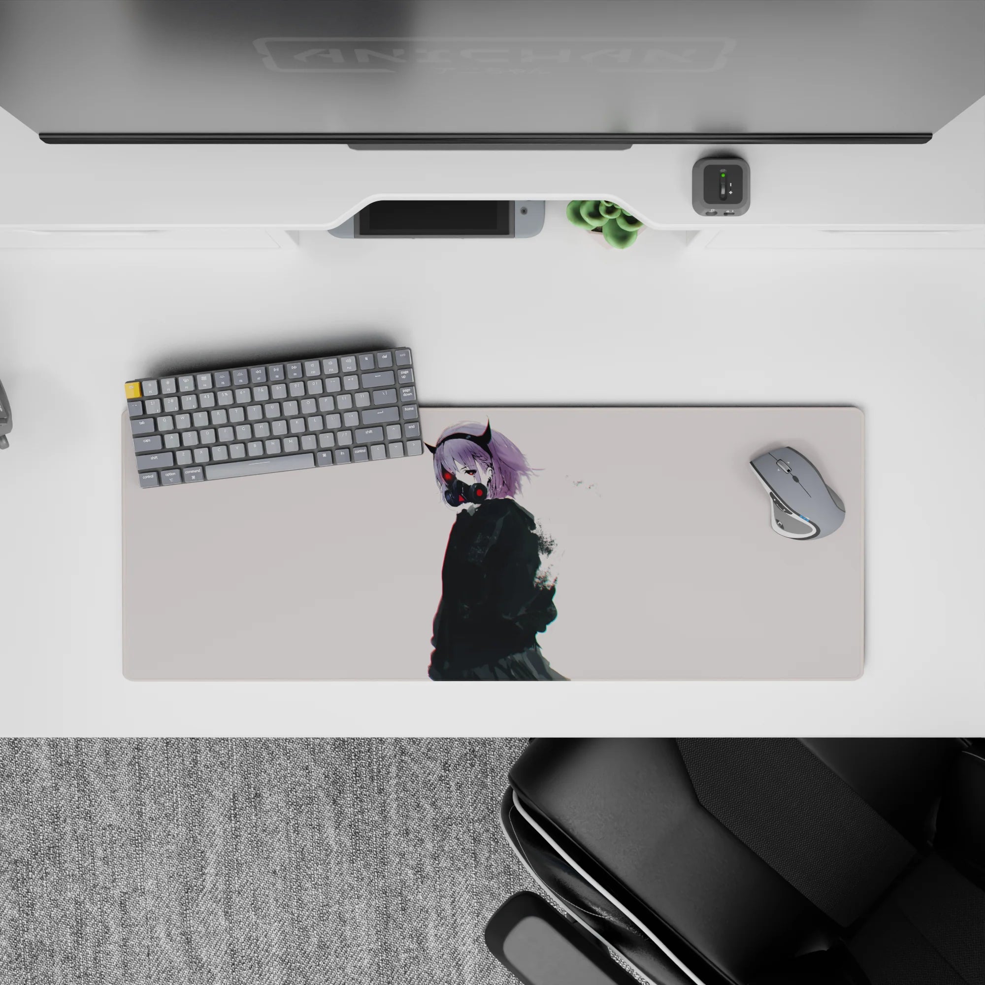 Moody cyber vibe mouse pad 32x12 inches in off-white, lilac, black, with subtle red glow accents.