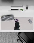 Moody cyber vibe mouse pad 32x12 inches in off-white, lilac, black, with subtle red glow accents.