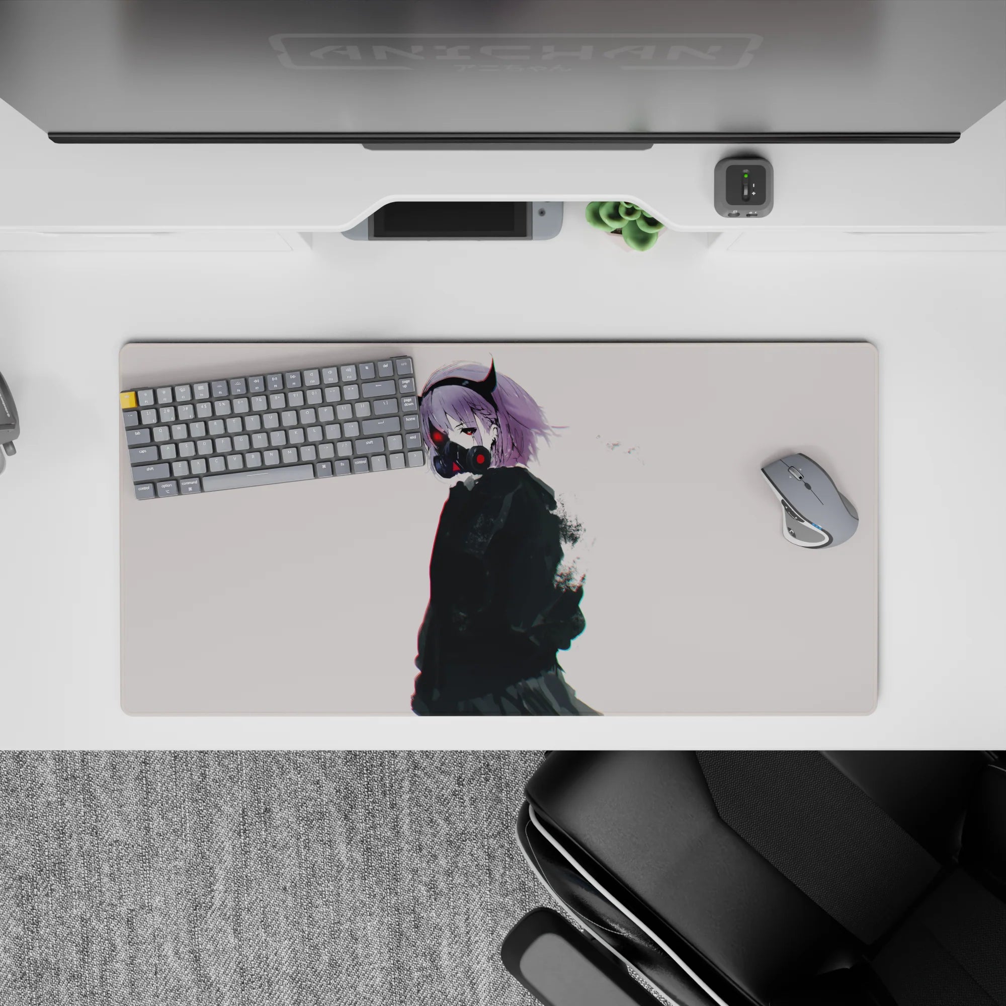 Edgy cute 32x16 inches anime mouse pad in lilac, off-white, inky black, with subtle red glow accents.