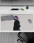 Edgy cute 32x16 inches anime mouse pad in lilac, off-white, inky black, with subtle red glow accents.