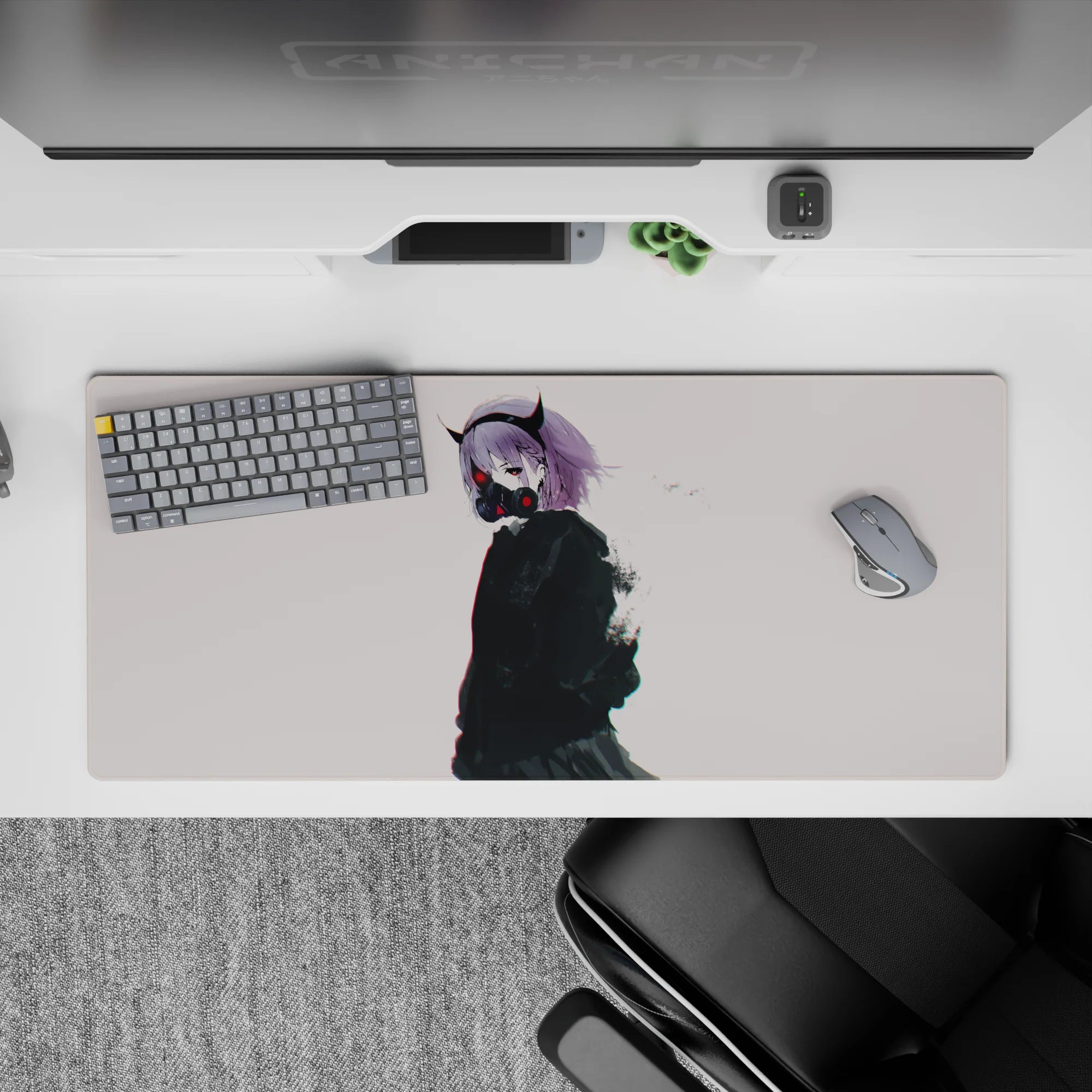 Cyber moody lilac, black, and red glow anime desk pad 36x16 inches, clean off-white backdrop.